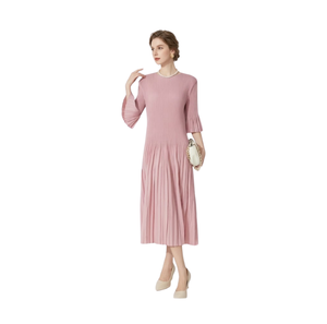 Robe midi plissée rose élégante pour femme, col rond, manches trois quarts à volants, coupe trapèze, tissée unie, robe de soirée printemps/été - Product Image 1