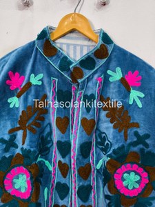 Hand Embroidered <b>Velvet</b> <b>Jacket</b> Women's Floral Prairie Chic Coat Spring Wear Mandarin Collar Full Sleeve Blue Pink Brown Design - Product Image 3