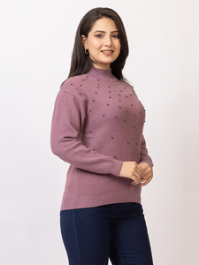 Suéter de Punto Sólido para Mujer, Cuello Alto, Manga Larga, con Detalles Adornados con Tachuelas, Estilo Casual de Invierno - Product Image 5