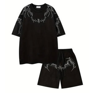 Ensemble short et chemise à manches courtes en velours côtelé noir uni léger pour homme GENERSA SPORTS, col rond, non extensible, décontracté pour l'été - Product Image 1