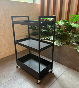 Black Three-Layer Steel Mesh Storage <b>Cart</b> with Four Wheels Movable Multilayer Trolley <b>for</b> Indoor Use - Product Image 3