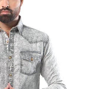 Chemise en jean pour homme, manches longues, couleur unie, col boutonné, coupe ajustée, coton délavé - Product Image 3