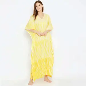 Latest Stylish Comfort Fit 100% Cotton Maxi Length Shibori Handwoven Tie-Dye Yellow Kaftan for girls