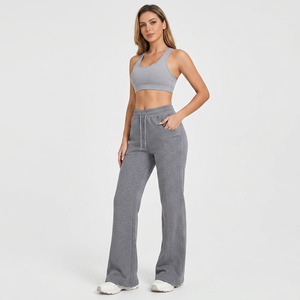 Pantalones de Mujer de Cintura Alta y Pierna Ancha, Color Sólido, Tejido de Algodón y Spandex, con Cordón Ajustable, Corte Holgado, Largos, Color Gris, Bangladesh - Product Image 2