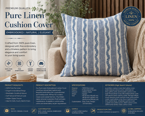 Customize 100% Pure Linen Blue Striped Cushion <b>Cover</b> <b>for</b> Home <b>Sofa</b> Couch Decor Classic Embroidery Pillow Case Manufacturer - Product Image 3