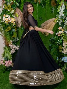 Black Chiffon Ball Gown V-Neck Sleeveless A-Line Floor-Length <b>Sequin</b> Zari Embroidery <b>Party</b> Wear for Women - Product Image 2