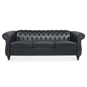 Divano Chesterfield a tre posti con braccioli arrotolati in PU nero da 84,65 pollici per soggiorno - Product Image 3