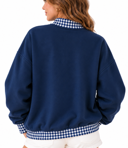 Wholesale Custom Women’s <b>Mock</b> Neck Pullover Gingham Letter Applique Ribbed Cotton Oversized Winter Sweatshirt - Product Image 3