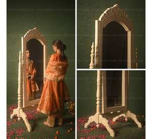 Antique Distress Beige Hand-Carved Standing Psyche Mirror Traditional Standing Mirror <b>Frame</b> - Product Image 1