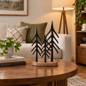 Sculpture d'arbre minimaliste en métal noir, hauteur 7 pouces, base en bois, décoration de table, thème forêt, décoration de Noël - Product Image 1