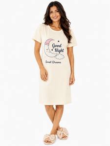 Camisón rosa de manga corta para mujer con estampado de luna, ropa de dormir de algodón suave, vestido de pijama informal de verano hasta la rodilla - Product Image 4