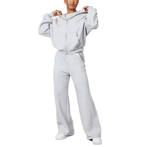 Ensemble de survêtement personnalisé pour femme, coupe oversize, en molleton épais, avec sweat à capuche zippé et pantalon de jogging à jambes larges, uni, pour la gym et le jogging - Product Image 1