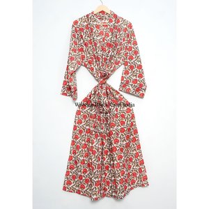 Magnifique kimono long en coton imprimé à la main avec ceinture à nouer pour la nuit, robe de chambre pour femmes, imprimé floral - Product Image 2