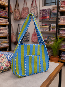 Bolso Tradicional Indio con Patrón de Rayas Azul Verde, Bolso de Compras para Mujer, Estilo Ligero para Todas las Temporadas - Product Image 3