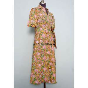 Robe midi florale en coton 100% écologique pour femme, style kangourou, col en V, manches courtes, décoration boutonnée, lavable - Product Image 5