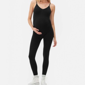 Combinaison de maternité en tricot noir pour femmes, 2 pièces, longueur intégrale, col rond, sans manches, vêtements de sport respirants, extensibles, écologiques - Product Image 2