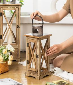 Rustic Wooden Candle <b>Lantern</b> <b>Set</b> Decorative Farmhouse <b>Lantern</b> with Glass Panels and Storage Drawer - Product Image 5