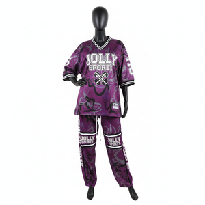 ชุดกางเกงเจอร์ซีย์ตาข่ายสำหรับผู้หญิง 220 GSM เนื้อผ้านุ่ม โพลีเอสเตอร์ สีม่วง พิมพ์ลายทั้งตัว พร้อมโลโก้แบบกำหนดเอง เจอร์ซีย์ตาข่ายและกางเกง ชุดสำหรับผู้หญิง - Product Image 6