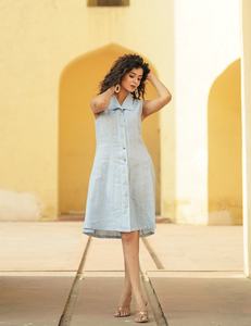 เดรสผ้าลินินผู้หญิง แขนกุด ติดกระดุม ทรงเอไลน์ ความยาวปานกลาง สไตล์ลำลอง เรียบง่าย ใส่สบายสำหรับฤดูร้อน - Product Image 5