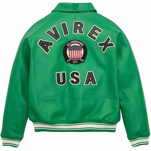 แจ็คเก็ตบอมเบอร์หนังสีเขียวสไตล์วินเทจ พร้อมแพทช์ AVIREX USA ทรงพอดีตัว - Product Image 2