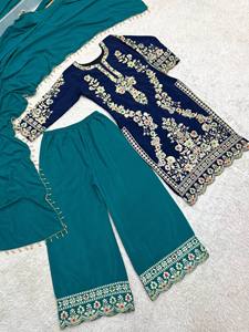 Conjunto de Salwar Kameez de seda azul hermoso de IndoWeaves con dupatta, bordado con lentejuelas, completamente cosido, listo para usar, ideal para Diwali. - Product Image 3