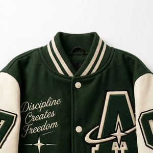 Veste universitaire unisexe verte, style décontracté, col montant brodé, coupe classique, vêtement d'hiver, 100% laine, réversible, à prix avantageux - Product Image 3