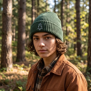 Gorro Unisex Verde con Patrón de Árbol Bordado, 100% Acrílico, con Borde, Cálido para Invierno, Estilo Casual Urbano para Adultos - Product Image 3