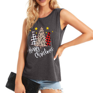 Cómoda camiseta sin mangas navideña para mujer con diseño de árbol de Navidad para ropa informal navideña. Camiseta sin mangas navideña para mujer. - Product Image 5