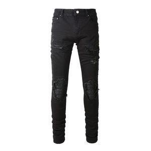 MILIENZ SPORTS APPAREL <b>Men</b> Spandex/Cotton Patch Biker Jeans Motorcycle Streetwear <b>Stretch</b> Denim Pants Black Straight-leg Slim - Product Image 1