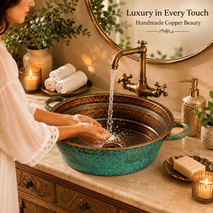 Handcrafted <b>Round</b> Copper Vessel Wash <b>Basin</b> with Side Handles Hammered Bathroom Sink Luxury Countertop <b>Basin</b> for Home Hotel Villa - Product Image 2