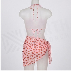 Strawberry Print Women's 2 Piece Bikini Set Halter Top With Tie Side Bottom Asymmetric Wrap Skirt Stretch Swimwear - Product Image 5