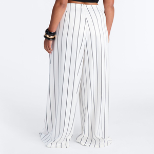 Latest Arrival <b>Women's</b> High Waist <b>Striped</b> Wide Leg Pants Elastic Waist Full Length Crepe Loose Fit Casual Pants Pockets Spring - Product Image 2