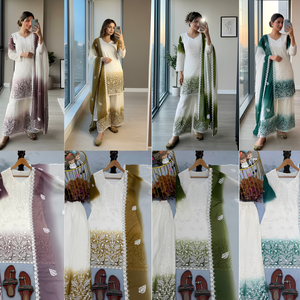 Ensemble festif trois pièces en georgette bicolore scintillante, orné de pierres, avec tunique ajourée, bas évasé et écharpe, modèle KW 1171 - Product Image 5