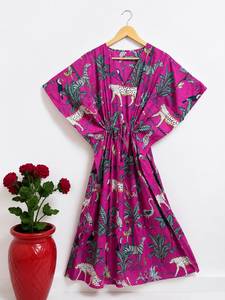 Women Cotton Maxi <b>Kaftan</b> Dress V-neck Boho Floral Printed Eco-Friendly Beach Cover Batwing Sleeve Regular Fit <b>Summer</b> Resort Wear - Product Image 2