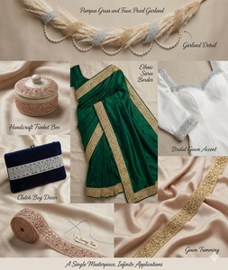 Organza de Lujo con Bordado Zari de Primera Calidad, Encaje Floral Romántico Tradicional, Adorno de Pedrería Metálica, Hecho a Mano - Product Image 3