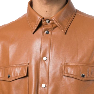 Men's Brown Leather Shirt Full Sleeve Turn-<b>down</b> Collar Casual Solid Color Autumn Style - Product Image 5