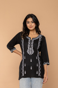Haut/Kurta en coton brodé noir pour femme Twin Feet, coupe régulière, longueur normale, style décontracté Inde Pakistan, séchage rapide, toutes saisons - Product Image 4
