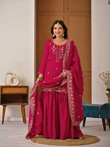Heavy Vichitra Fabric Hand Work <b>Beads</b> <b>Top</b> with Fully Stitched Sharara Palazzo and Embroidery Sequence Work Dupatta Set - Product Image 5