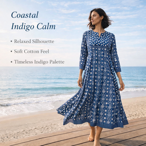 ชุดเดรสผ้าฝ้ายอินดิโก้ทำมือ คอวีเล็ก แขนยาว มีกระเป๋าข้าง ลายกอลี พิมพ์ลายดอกไม้ ชุดเดรสหรูหราสำหรับผู้หญิง - Product Image 3