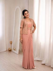 Designer Embroidery Sequence Lace Work Crepe Silk Ready To Wear <b>Saree</b> <b>With</b> Stitched Blouse And Stitched <b>Jacket</b> Set - Product Image 1