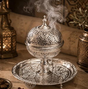 Carved traditional metal <b>silver</b> plated incense censer <b>burner</b> bowl with tray plate display set, available at wholesale prices. - Product Image 1