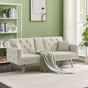Sofá Cama Convertible de Lino Beige con Diseño sin Brazos, Reclinable, Plegable y Extensible para Sala de Estar - Product Image 1