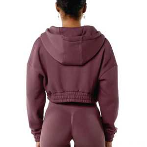 Wholesale <b>Crop</b> <b>Top</b> Zip Up Women's Hoodie Oversized Drop Shoulder 100% Cotton 300GSM Easy Fit Women's Tracksuit - Product Image 5