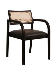 Chaise de salle à manger en bois de mahogany massif et rotin avec siège rembourré en cuir PU noir pour la maison, la villa, l'appartement et l'hôtel - Product Image 2