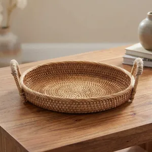 Rattan <b>Round</b> Fruit <b>Basket</b> <b>Wicker</b> Bread Tray with Handle Serving <b>Basket</b> for Fruits Bread Crackers Snacks Food Table Kitchen Home - Product Image 5