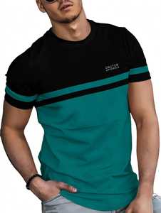 T-shirt homme slim fit à blocs de couleur noir et vert, col rond, manches courtes, décontracté - Product Image 5