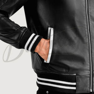 Blouson bomber en cuir véritable noir pour homme avec manches matelassées en nid d'abeille et poignets côtelés rayés, coupe ajustée - Product Image 4