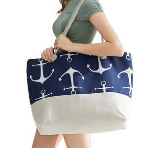 Navy Blue Anchor Print Canvas <b>Beach</b> <b>Bag</b> Women <b>Large</b> Capacity Zipper Tote <b>Bag</b> Summer Travel Holiday <b>Bag</b> Rope Handle Wholesale - Product Image 1