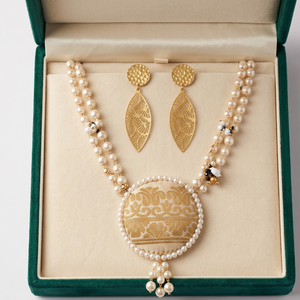 Muga Silk Pearl Necklace <b>Set</b> with Traditional Floral Pendant and Matching Gold Tone Leaf Earrings | Handcrafted <b>Indian</b> <b>Jewellery</b> - Product Image 4