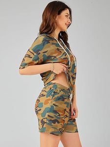 Ensemble short et haut à capuche camouflage 2 pièces pour femme, coupe ample, décontracté, respirant, en polyester tricoté, printemps-été - Product Image 2